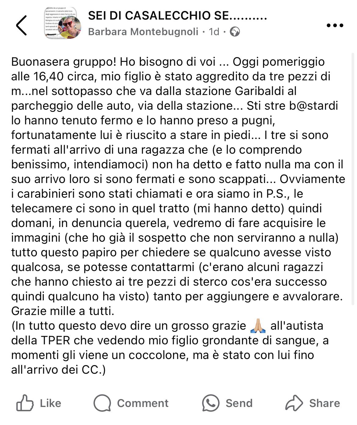 Il post di Facebook di Barbara Montebugnoli
