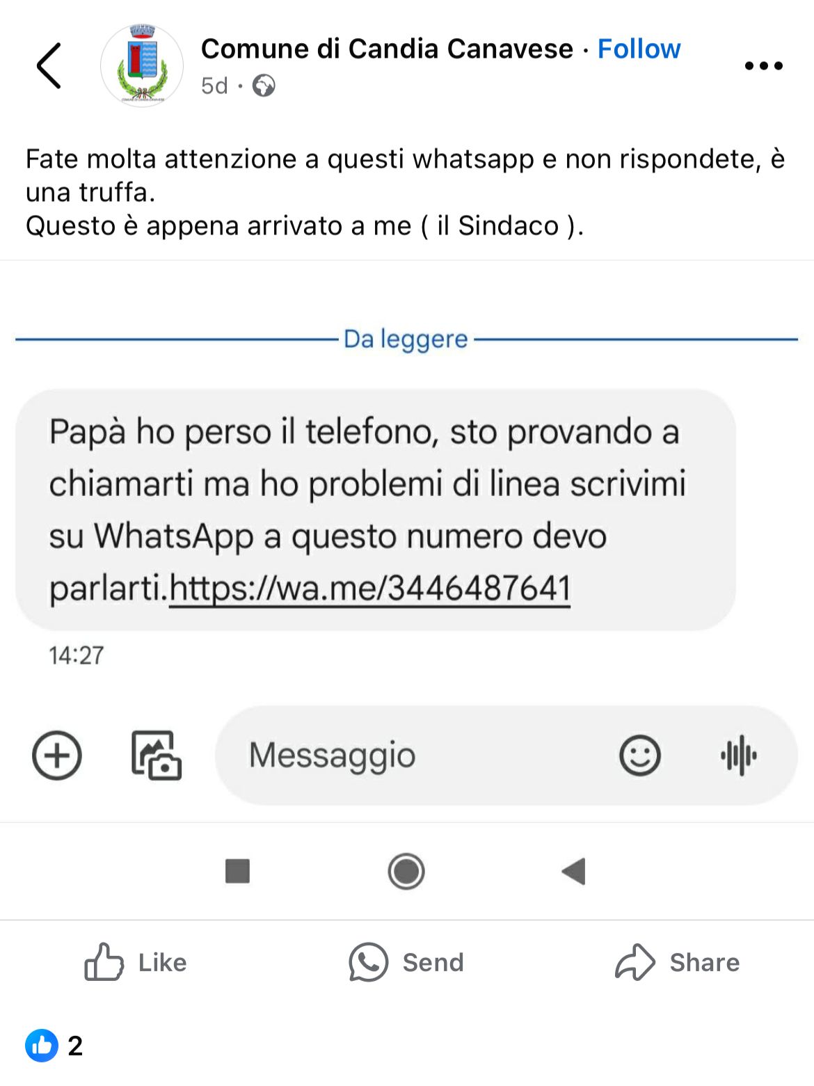 Screenshot del comunicato